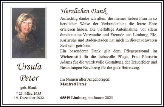 Traueranzeige von Ursula Peter von Nassauische Neue Presse