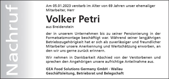 Traueranzeige von Volker Petri von Hinterländer Anzeiger
