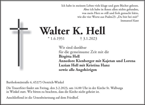 Traueranzeige von Walter K. Hell von Wiesbadener Kurier gesamt