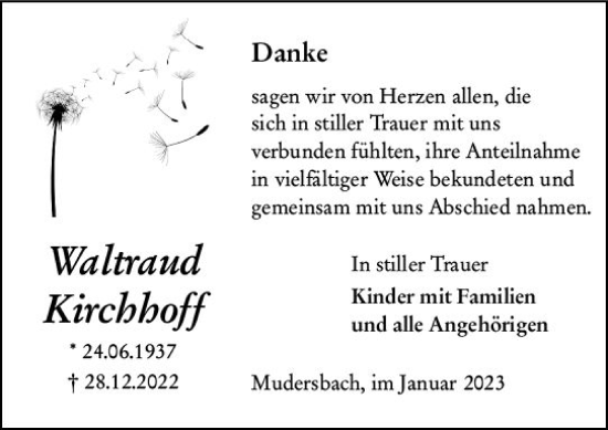 Traueranzeige von Waltraud Kirchhoff von Wetzlarer Neue Zeitung