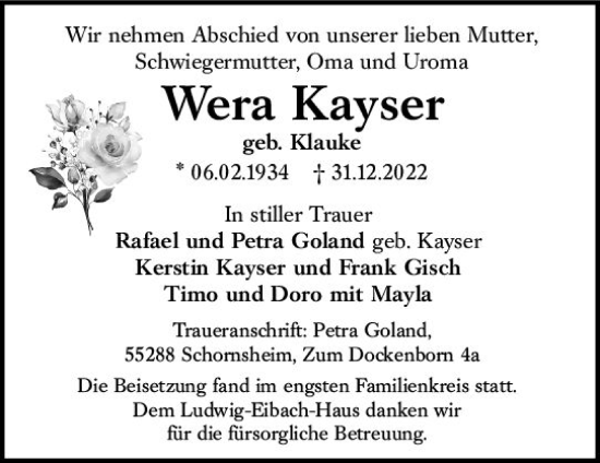 Traueranzeige von Wera Kayser von Wiesbadener Kurier gesamt