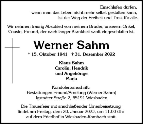 Traueranzeige von Werner Sahm von Wiesbadener Kurier gesamt