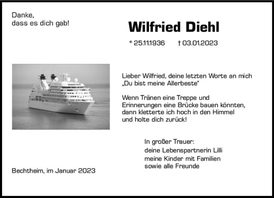 Traueranzeige von Wilfried Diehl von Wormser Zeitung