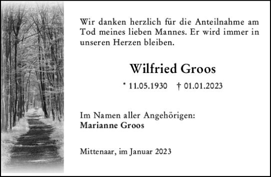 Traueranzeige von Wilfried Groos von Dill Block