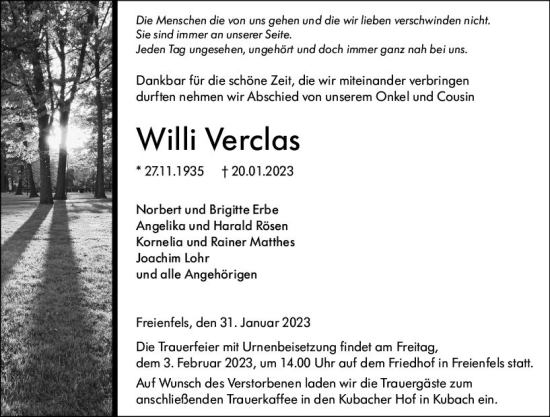 Traueranzeige von Willi Verclas von Weilburger Tageblatt