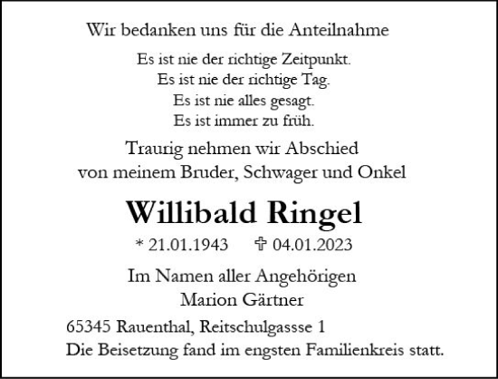 Traueranzeige von Willibald Ringel von WK Rheingau