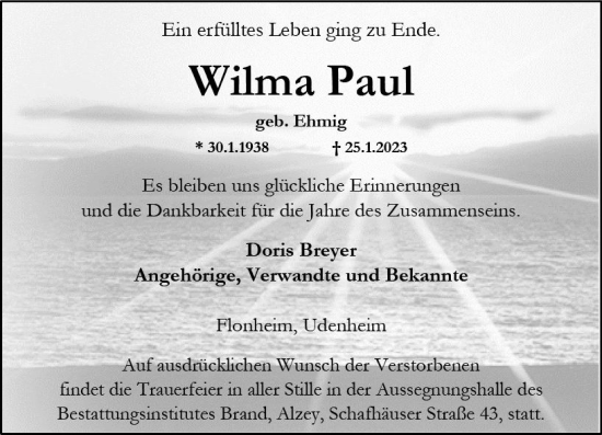 Traueranzeige von Wilma Paul von Allgemeine Zeitung Alzey