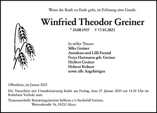 Traueranzeige von Winfried Theodor Greiner von Allgemeine Zeitung Alzey