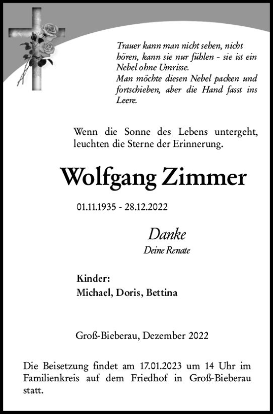Traueranzeige von Wolfgang Zimmer von Darmstädter Echo
