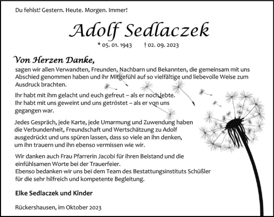 Traueranzeige von Adolf Sedlaczek von Weilburger Tageblatt