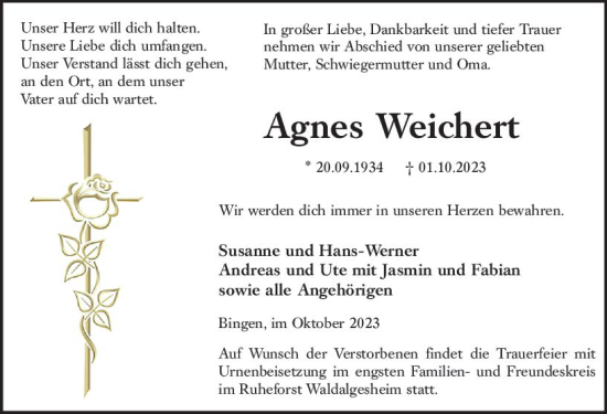 Traueranzeige von Agnes Weichert von Allgemeine Zeitung Bingen/Ingelheim