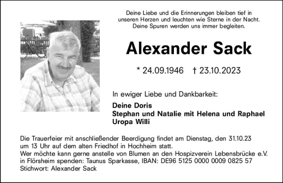 Traueranzeige von Alexander Sack von Hochheimer Zeitung