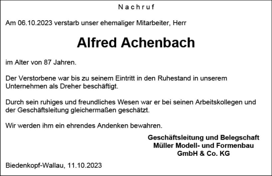 Traueranzeige von Alfred Achenbach von Hinterländer Anzeiger