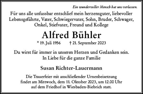 Traueranzeige von Alfred Bühler von Wiesbadener Kurier