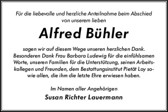 Traueranzeige von Alfred Bühler von Wiesbadener Kurier