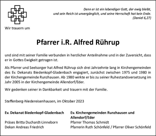 Traueranzeige von Alfred Rührup von Hinterländer Anzeiger