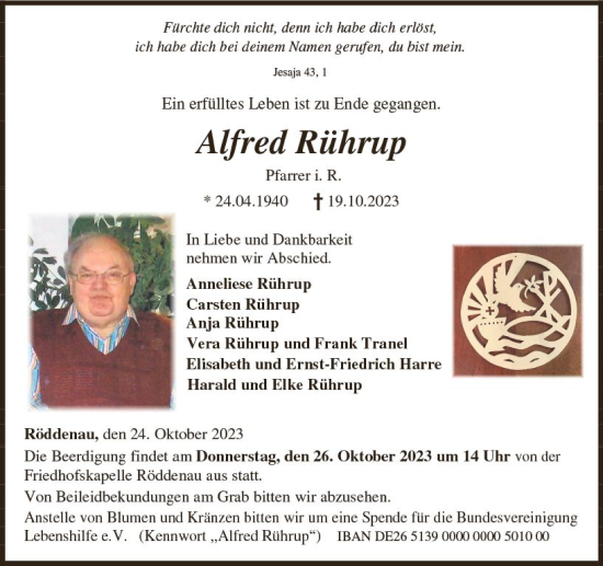 Traueranzeige von Alfred Rührup von Hinterländer Anzeiger