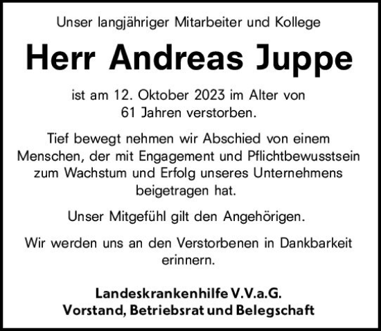 Traueranzeige von Andreas Juppe von Wiesbadener Kurier