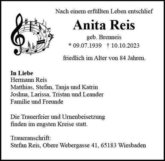 Traueranzeige von Anita Reis von Wiesbadener Kurier