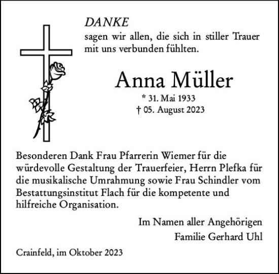 Traueranzeige von Anna Müller von Oberhessen Kurier