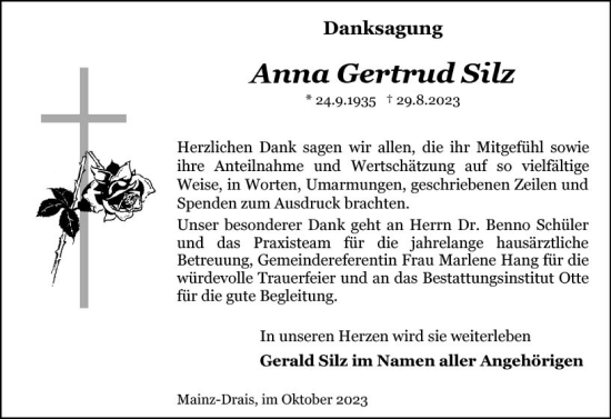 Traueranzeige von Anna Gertrud Silz von Allgemeine Zeitung Mainz