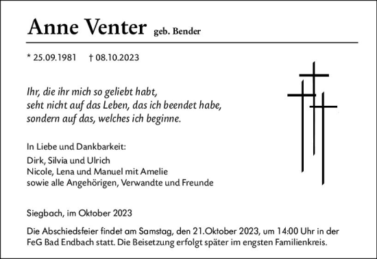 Traueranzeige von Anne Venter von Hinterländer Anzeiger