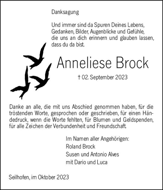 Traueranzeige von Anneliese Brock von Dill Block