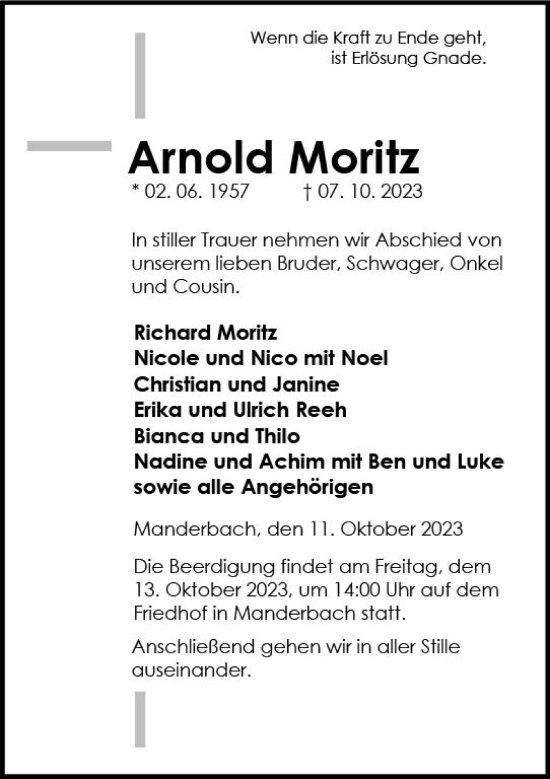 Traueranzeige von Arnold Moritz von Dill Block
