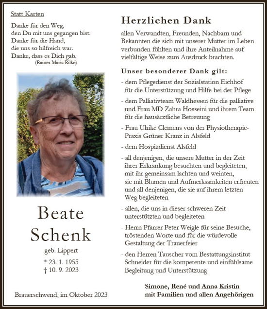 Traueranzeige von Beate Schenk von Oberhessen Kurier