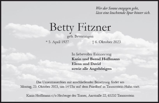 Traueranzeige von Betty Fitzner von Wiesbadener Kurier