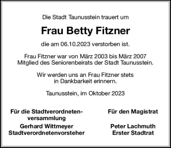 Traueranzeige von Betty Fitzner von Idsteiner Land/Untertaunus