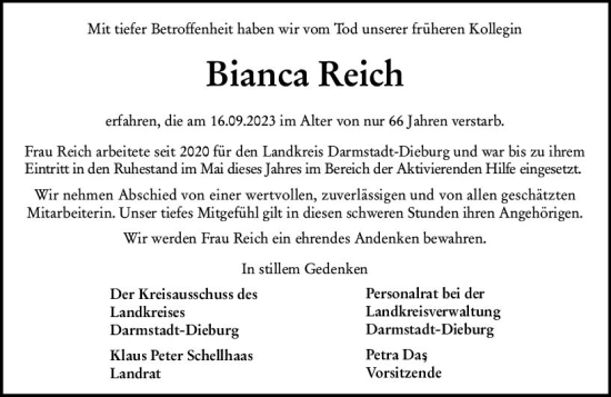Traueranzeige von Bianca Reich von Darmstädter Echo
