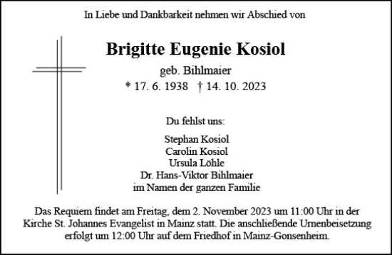 Traueranzeige von Brigitte Eugenie Kosiol von Allgemeine Zeitung Mainz