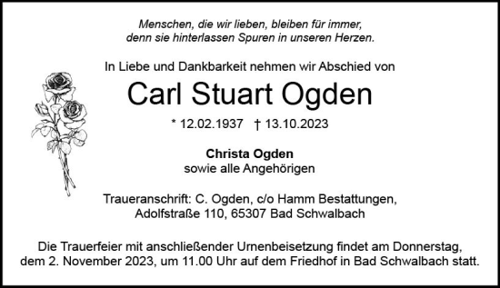 Traueranzeige von Carl Stuart Ogden von Wiesbadener Kurier