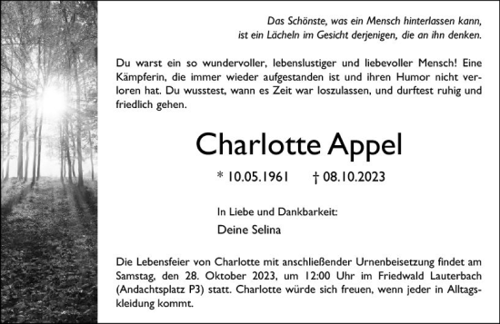 Traueranzeige von Charlotte Appel von VRM Trauer