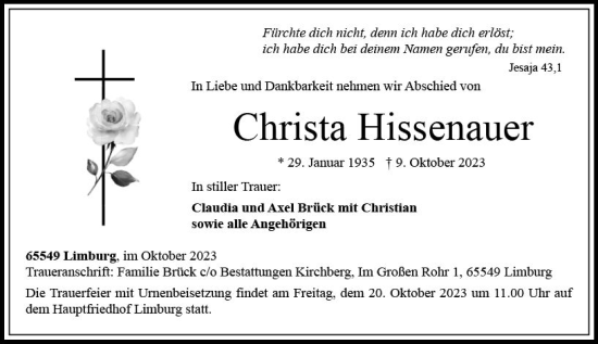 Traueranzeige von Christa Hissenauer von Nassauische Neue Presse
