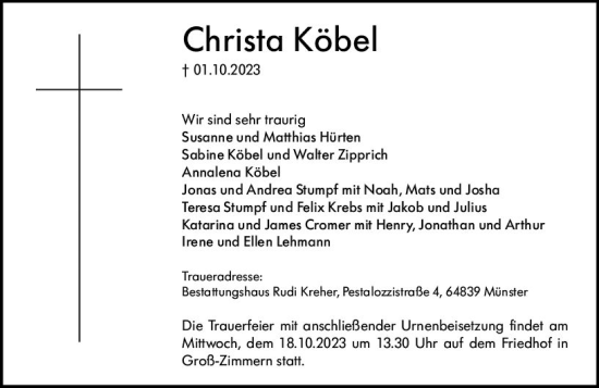 Traueranzeige von Christa Köbel von Dieburger Anzeiger/Groß-Zimmerner Lokal-Anzeiger