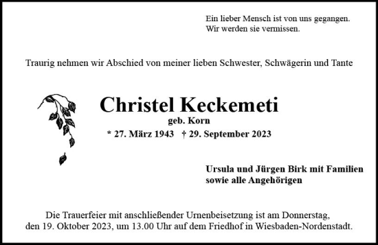 Traueranzeige von Christel Keckemeti von Wiesbadener Kurier