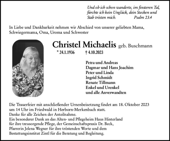 Traueranzeige von Christel Michaelis von Dill Block