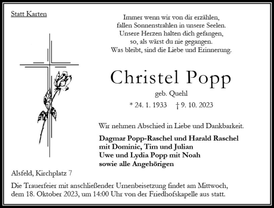 Traueranzeige von Christel Popp von Oberhessen Kurier