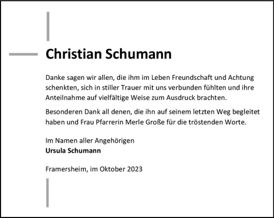 Traueranzeige von Christian Schumann von Allgemeine Zeitung Alzey
