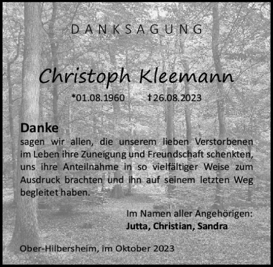 Traueranzeige von Christoph Kleemann von Allgemeine Zeitung Bingen/Ingelheim