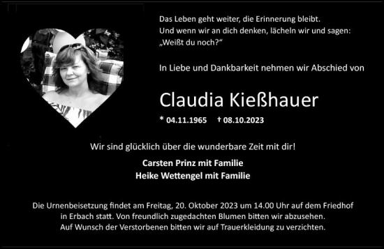 Traueranzeige von Claudia Kießhauer von Wiesbadener Kurier