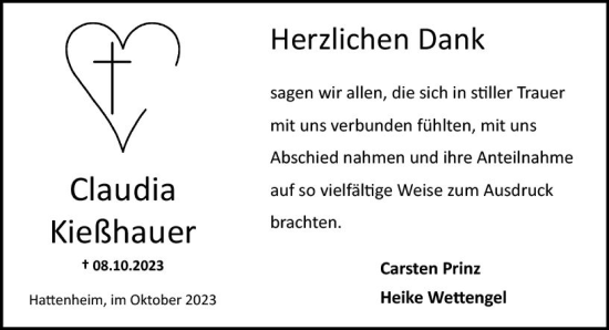Traueranzeige von Claudia Kießhauer von Wiesbadener Kurier