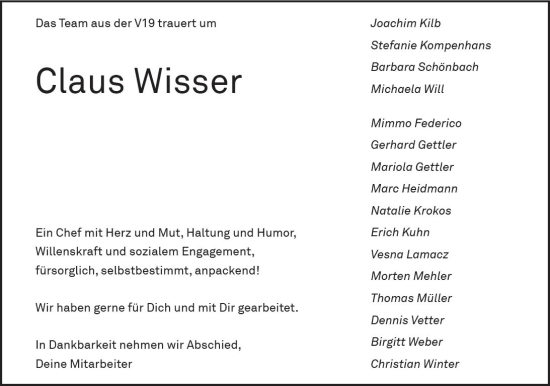 Traueranzeige von Claus Wisser von Wiesbadener Kurier