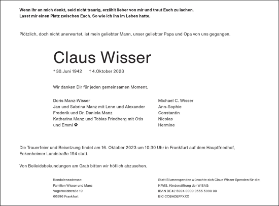 Traueranzeige von Claus Wisser von Wiesbadener Kurier