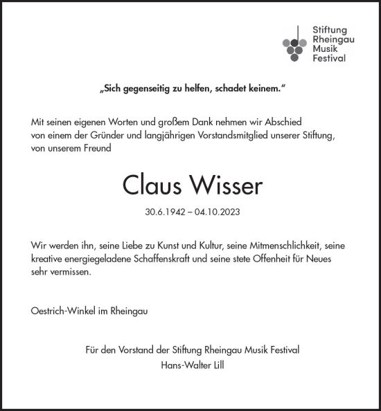 Traueranzeige von Claus Wisser von Wiesbadener Kurier