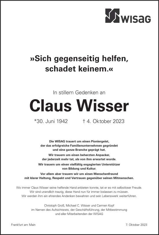 Traueranzeige von Claus Wisser von Wiesbadener Kurier