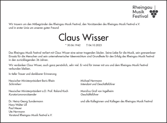 Traueranzeige von Claus Wisser von Wiesbadener Kurier