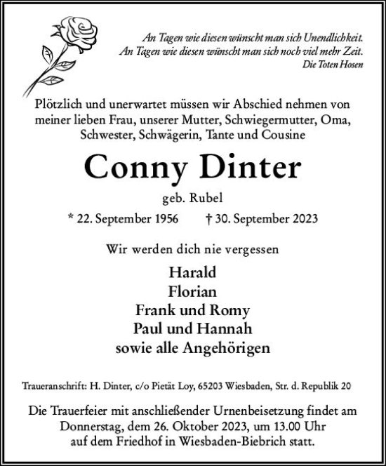 Traueranzeige von Conny Dinter von Wiesbadener Kurier